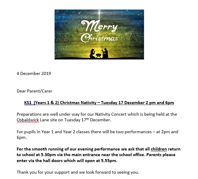 Osbaldwick Primary Academy » Nativity EYFS and KS1 info